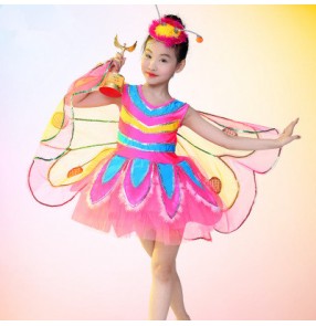 Fuchsia hot pink royal blue neon green rainbow colored girls kids child toddlers cartoon animal  buttlefly wing cos play performance modern dance jazz dance costumes dresses